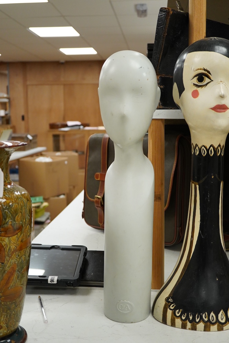 Two painted milliner’s hat display stands and two others, tallest 63cm high.